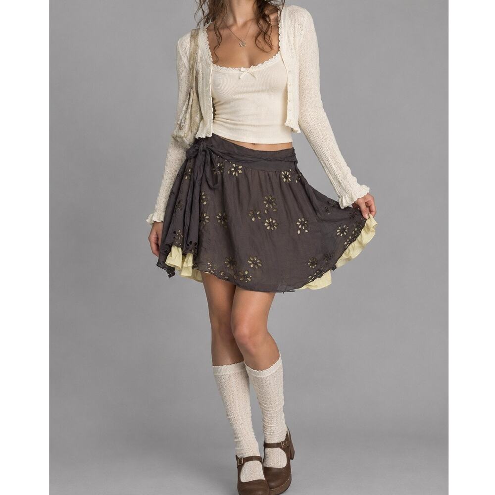 Y2K Tara Jarmon Silk Mini Skirt Brown Flowy Short Mall Girl Floral Womens Medium